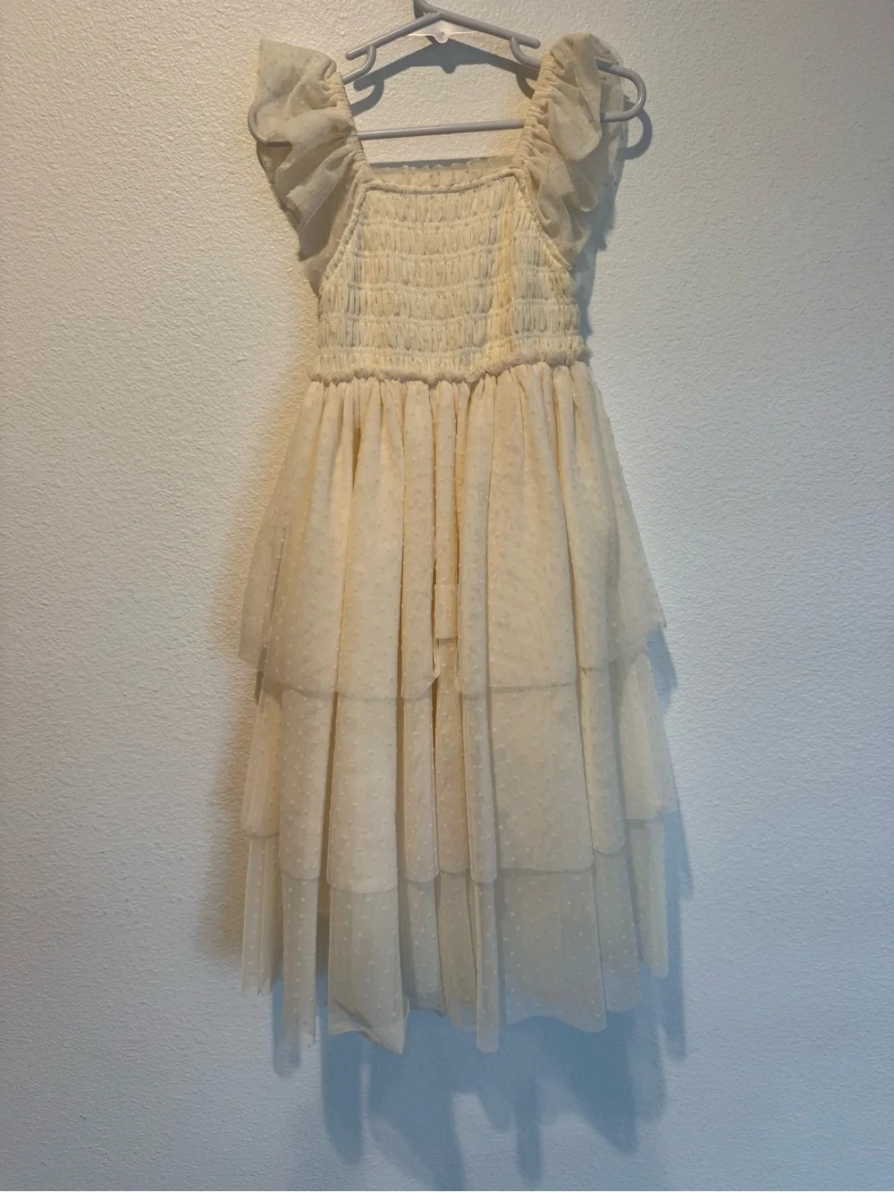 Cream Tiered Tulle Dress with Puff Sleeves for Girls